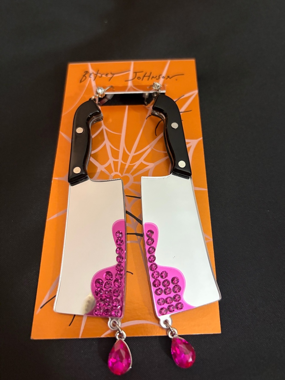 Betsey Johnson Black, Silver & Pink Glitter Cleaver Dangle Earrings